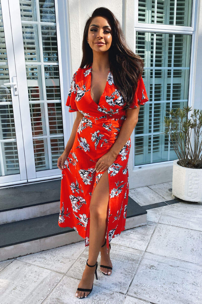 Red Floral Print Bell Sleeve Midi Dress - Swimclubus