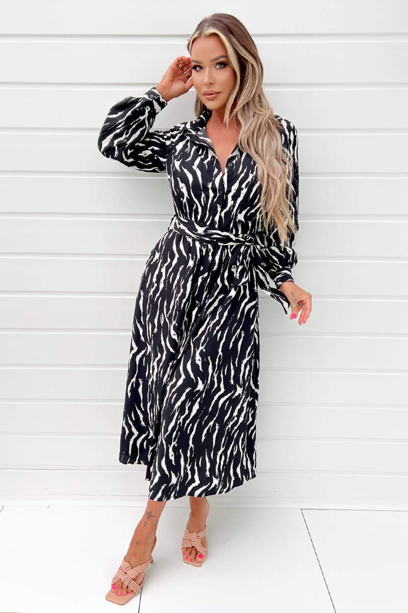 Black And White Printed Button Up Midi Shirt Dress - Swimclubus