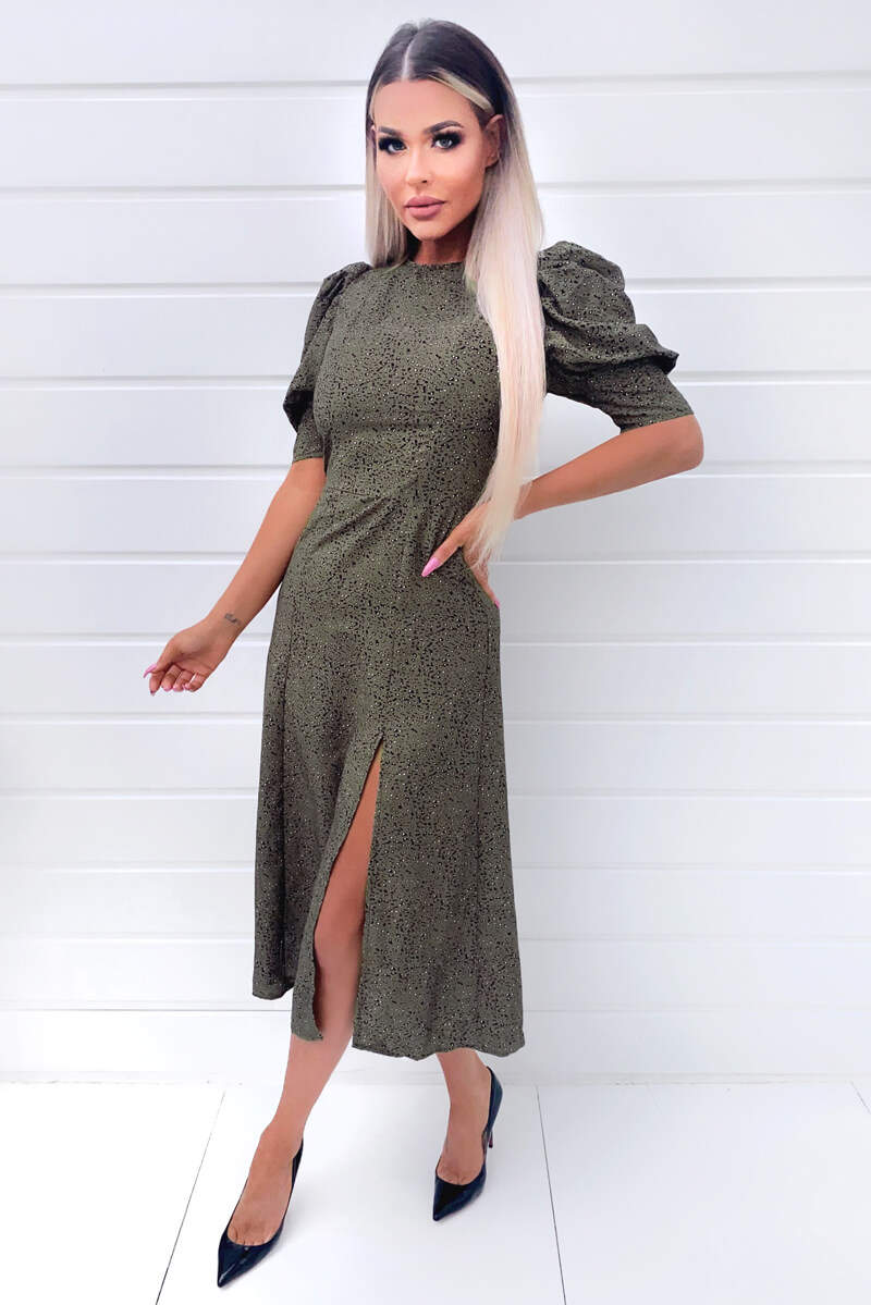 Khaki Printed Ruffle Sleeve Midi Dress - Swimclubus