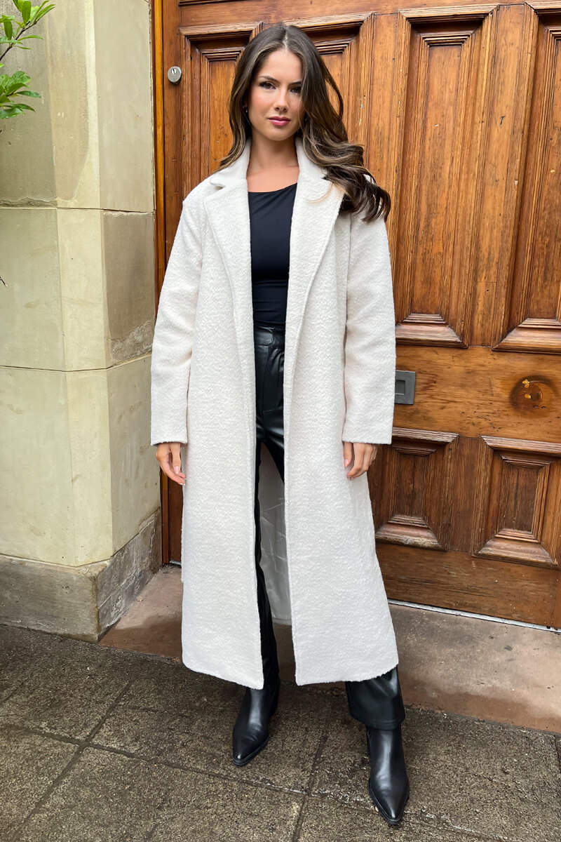 Cream Boucle Tie Belt Longline Trench Coat - Swimclubus