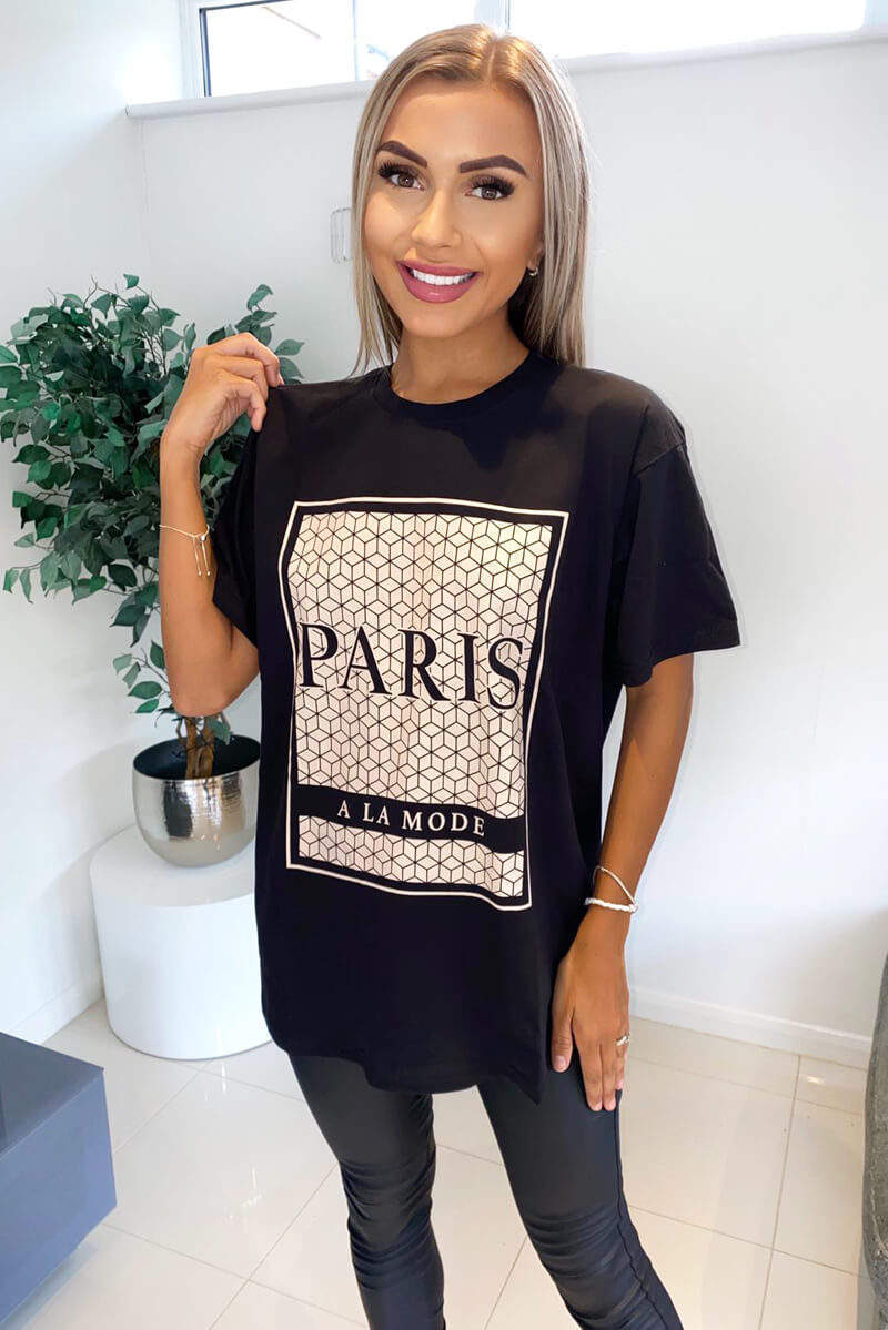 Black Paris Printed Oversized T-Shirt - Swimclubus