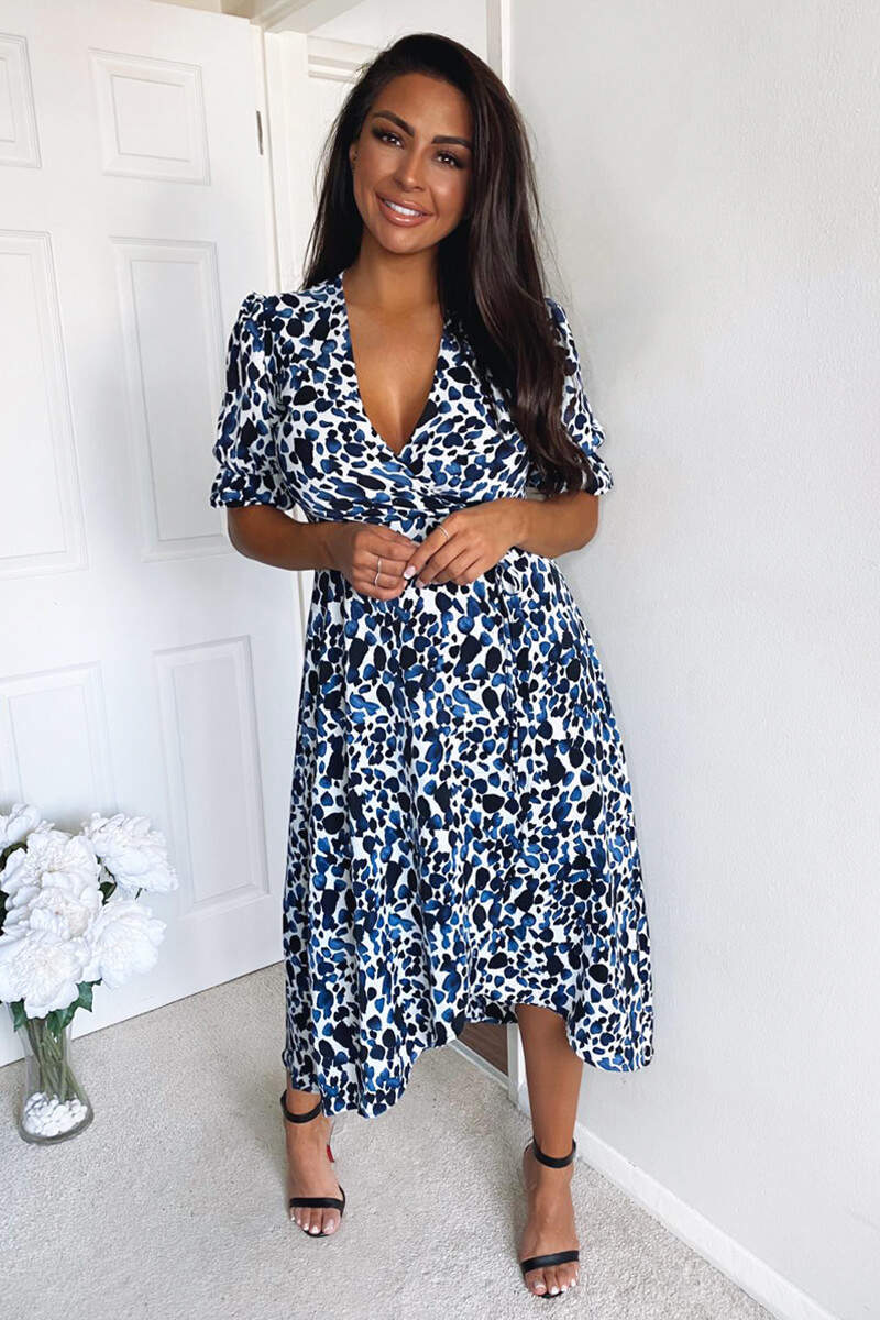 Blue Printed Wrap Tie Midi Dress - Swimclubus
