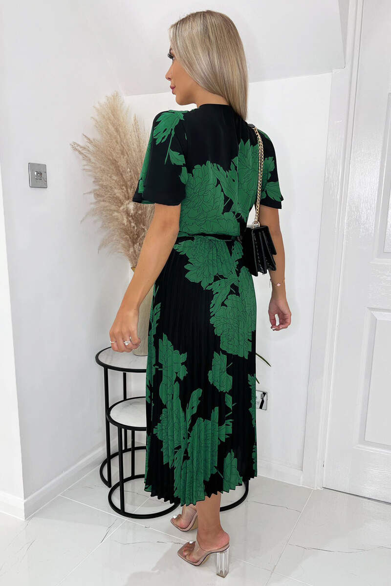 Black And Green Floral Pleated Midi Dress - Swimclubus