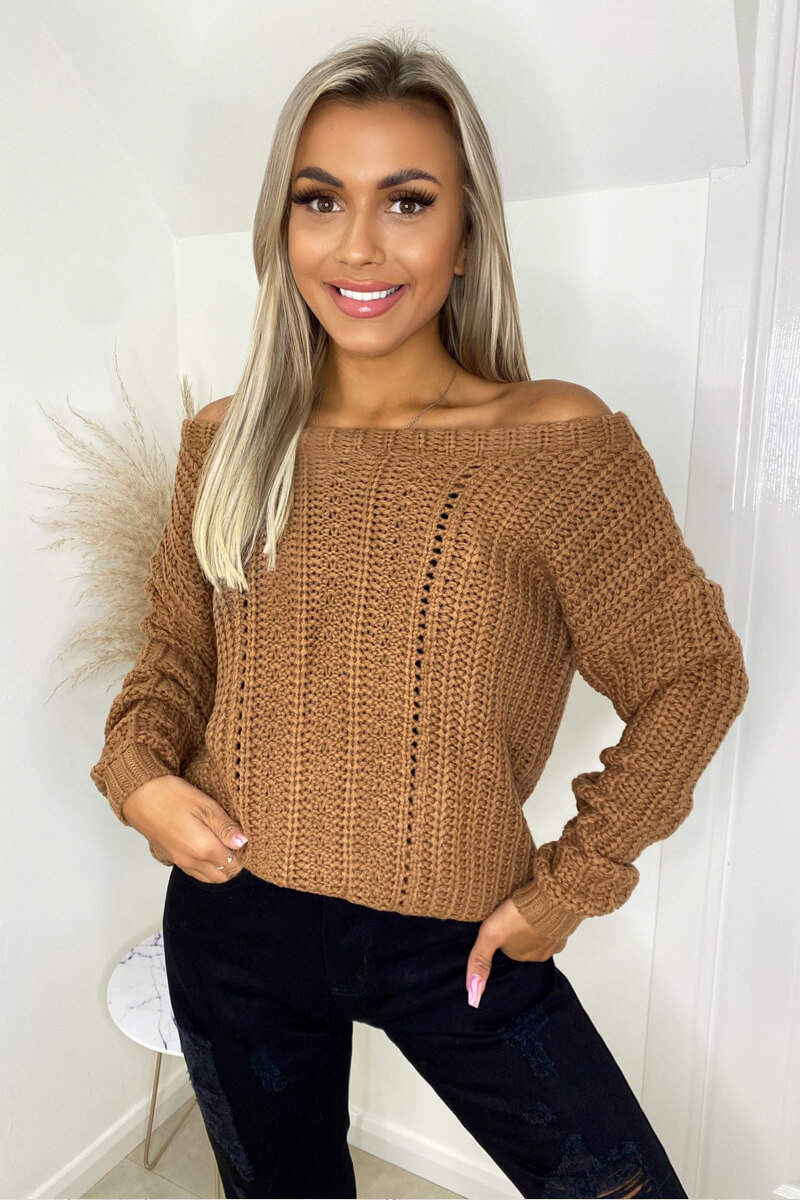 Camel Off The Shoulder Chunky Knit Jumper - Swimclubus