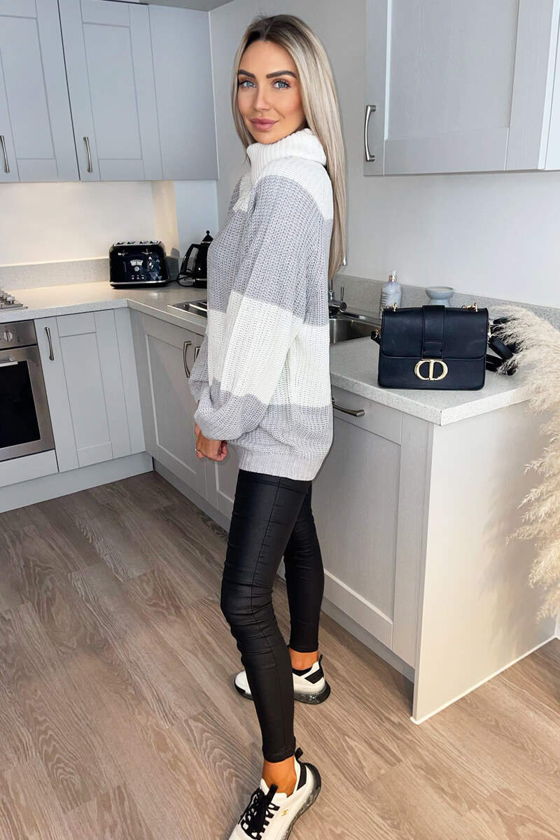 Silver And Cream Block Colour Knitted Jumper - Swimclubus