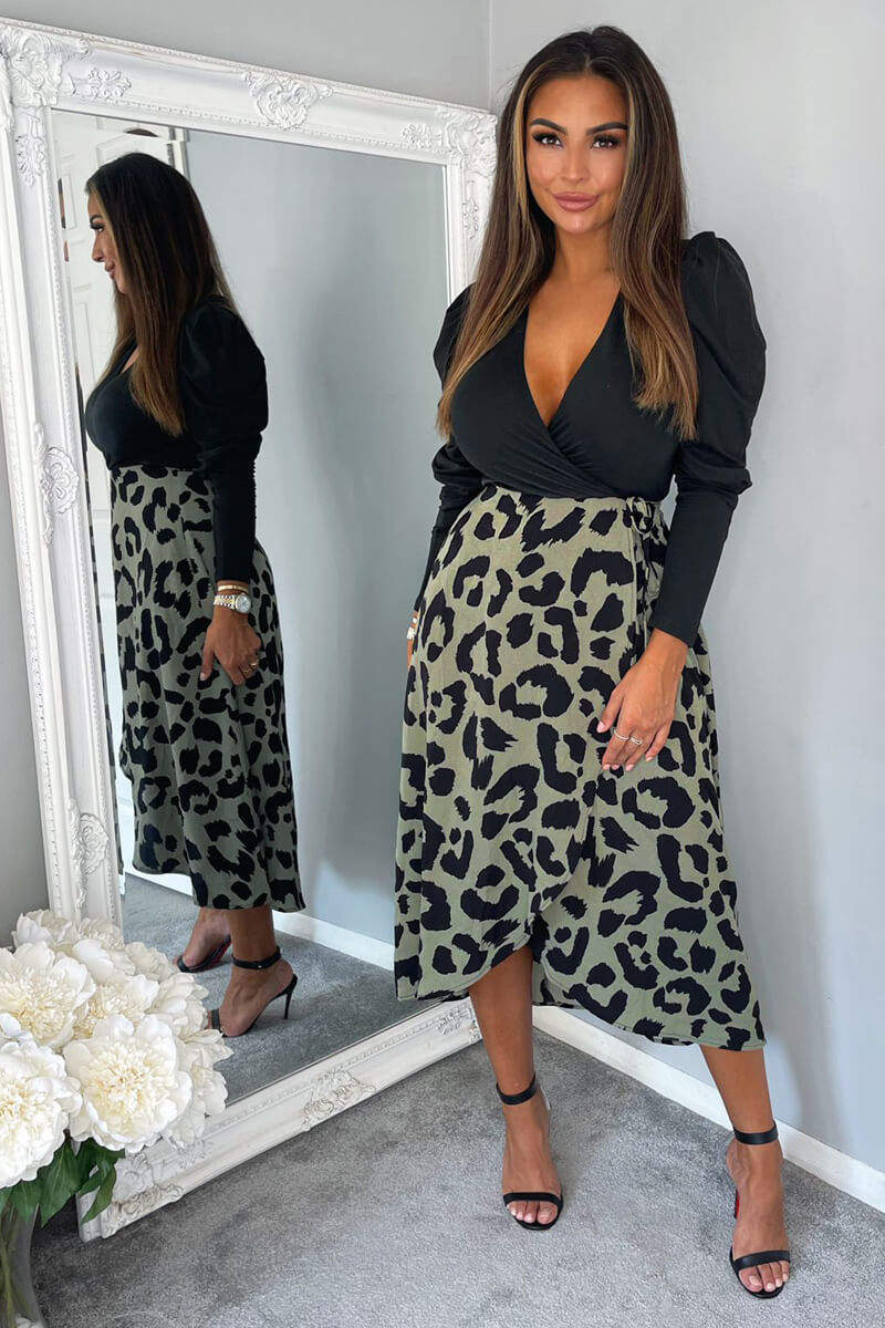 Black And Khaki 2 in 1 Animal Print Wrap Dress - Swimclubus