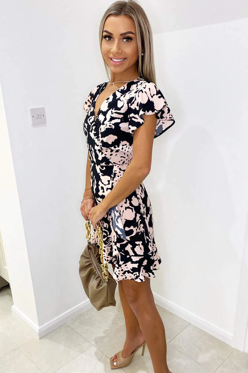 Black Nude Abstract Print Wrap Over Dress - Swimclubus