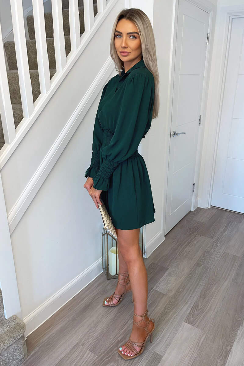 Teal Shirred Waist Long Sleeve Shirt Dress - Swimclubus