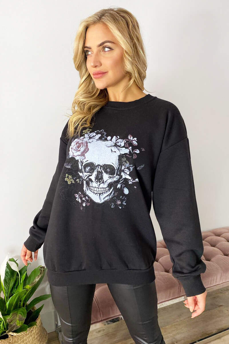 Black Skull Print Sweatshirt - Swimclubus