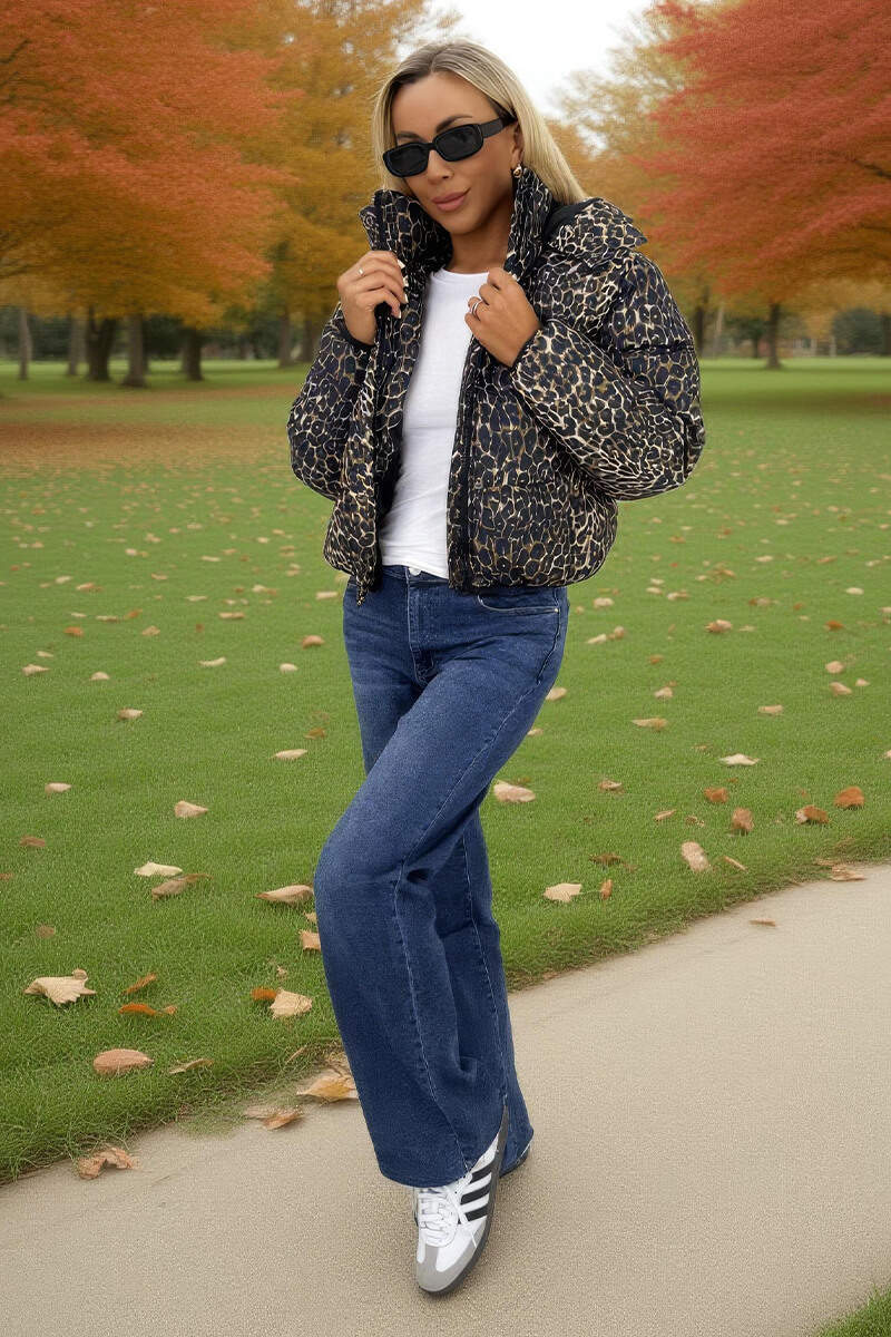 Leopard Print Hooded Short Puffer Coat - Swimclubus