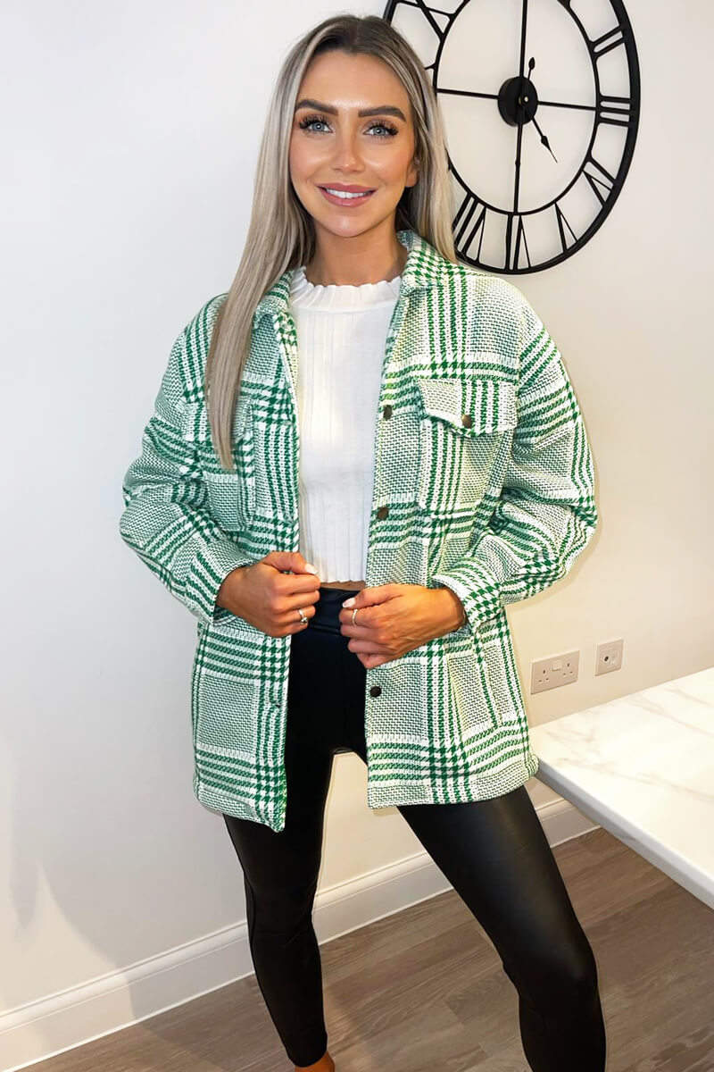 Green Dogtooth Printed Shirt Jacket - Swimclubus