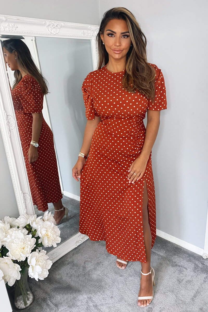 Rust Polka Dot Ruched Sleeve Midi Dress - Swimclubus