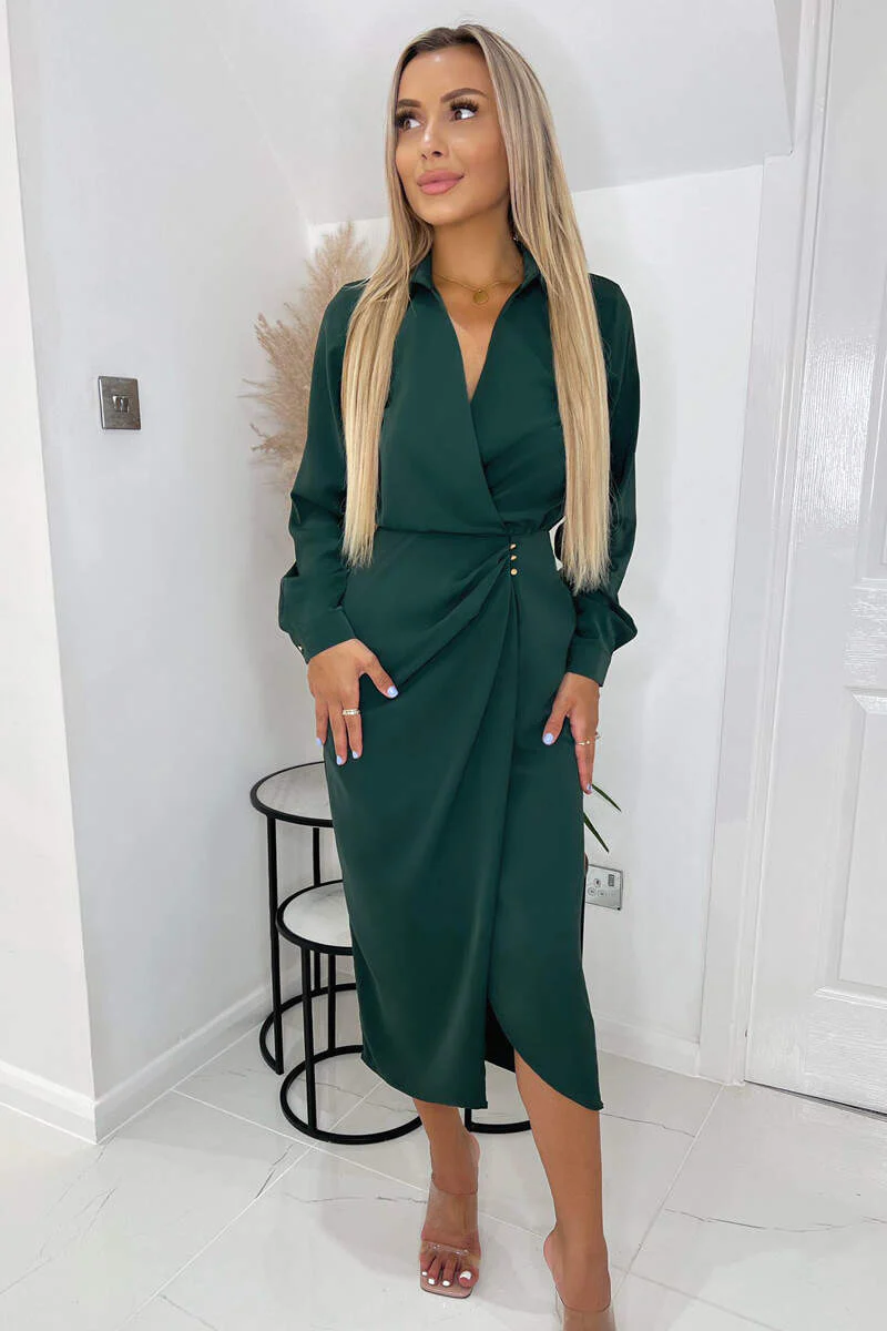 Teal Long Sleeve Side Ruched Wrap Over Midi Dress - Swimclubus