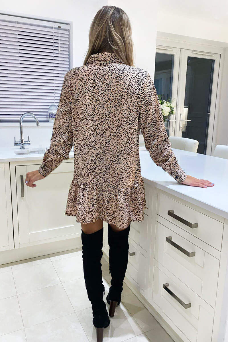 Stone Dalmatian Print Frill Hem Shirt Dress - Swimclubus