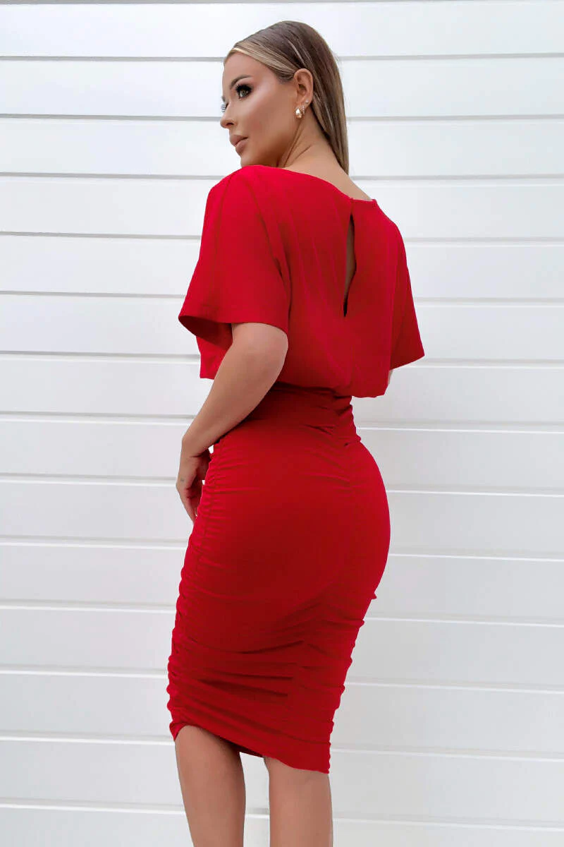 Red Short Sleeve Side Ruched Midi Dress - Swimclubus