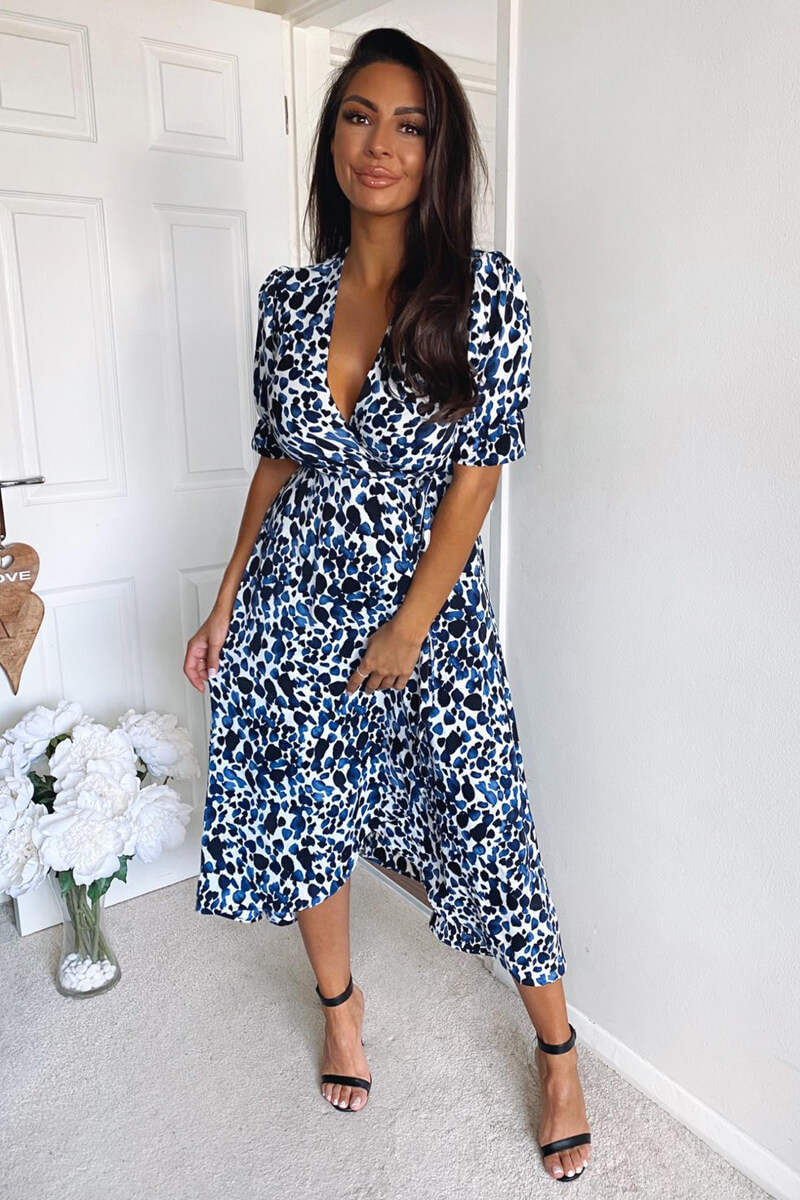 Blue Printed Wrap Tie Midi Dress - Swimclubus