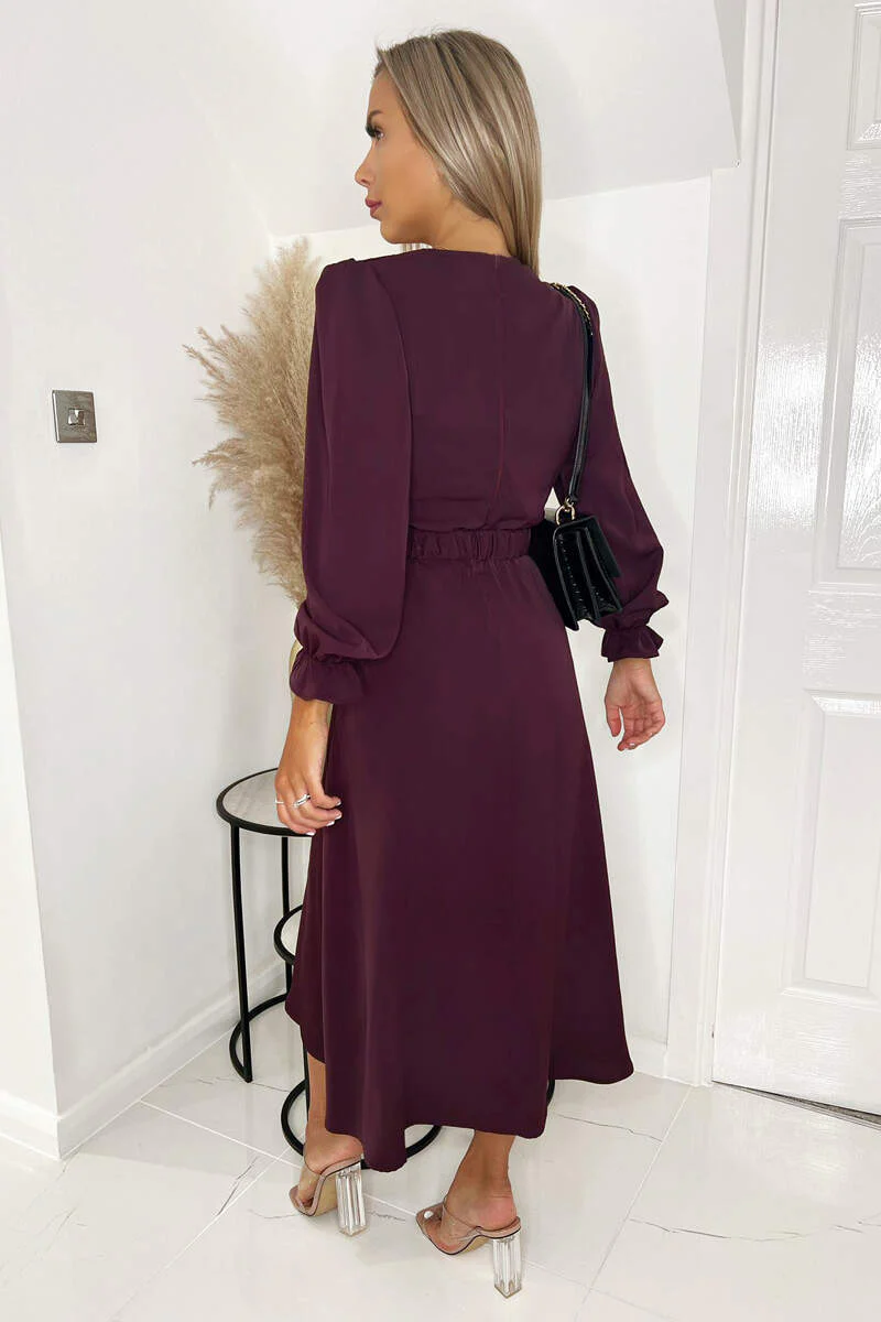 Plum Long Sleeve Belted Midi Dress - Swimclubus