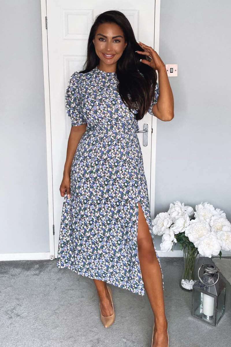 Multi Floral Pleated Sleeve Midi Dress - Swimclubus