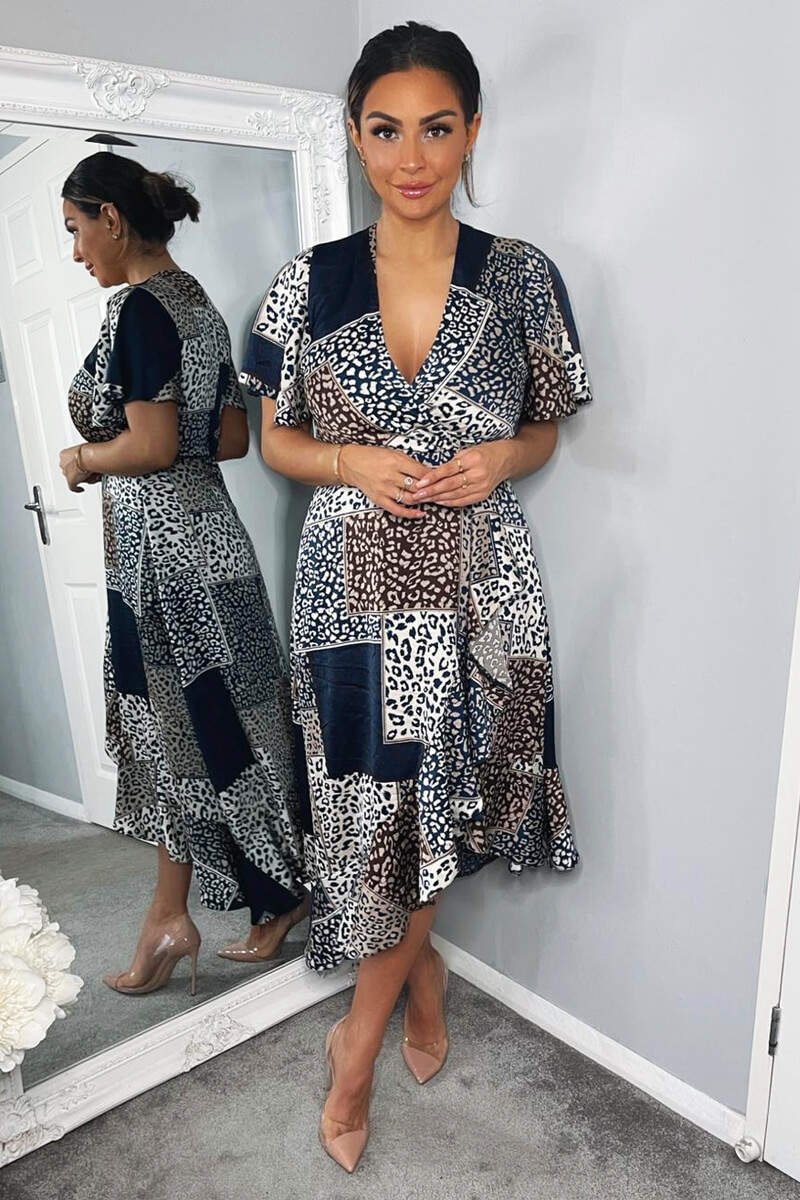 Navy Animal Print Patchwork Wrap Midi Dress - Swimclubus