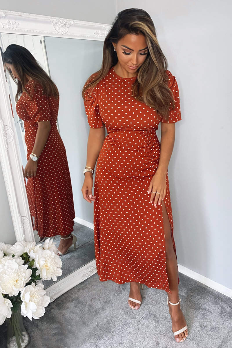 Rust Polka Dot Ruched Sleeve Midi Dress - Swimclubus