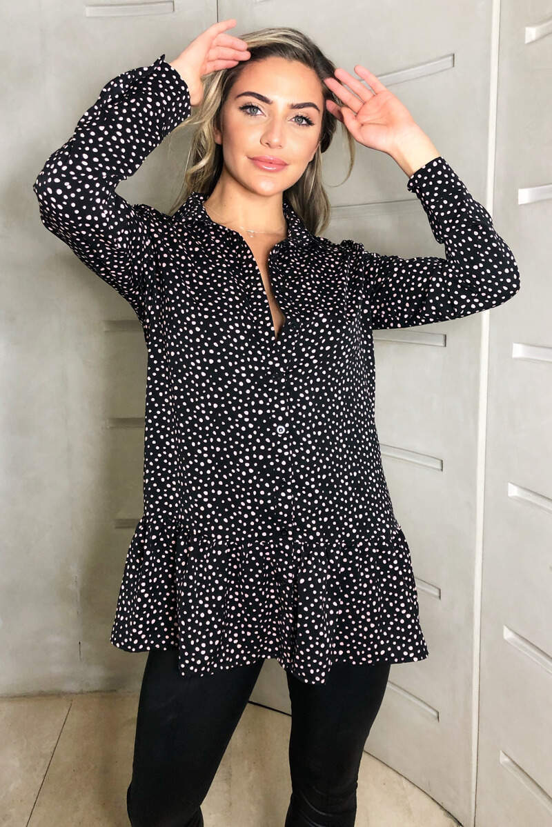Black Spotty Frill Hem Shirt Dress - Swimclubus