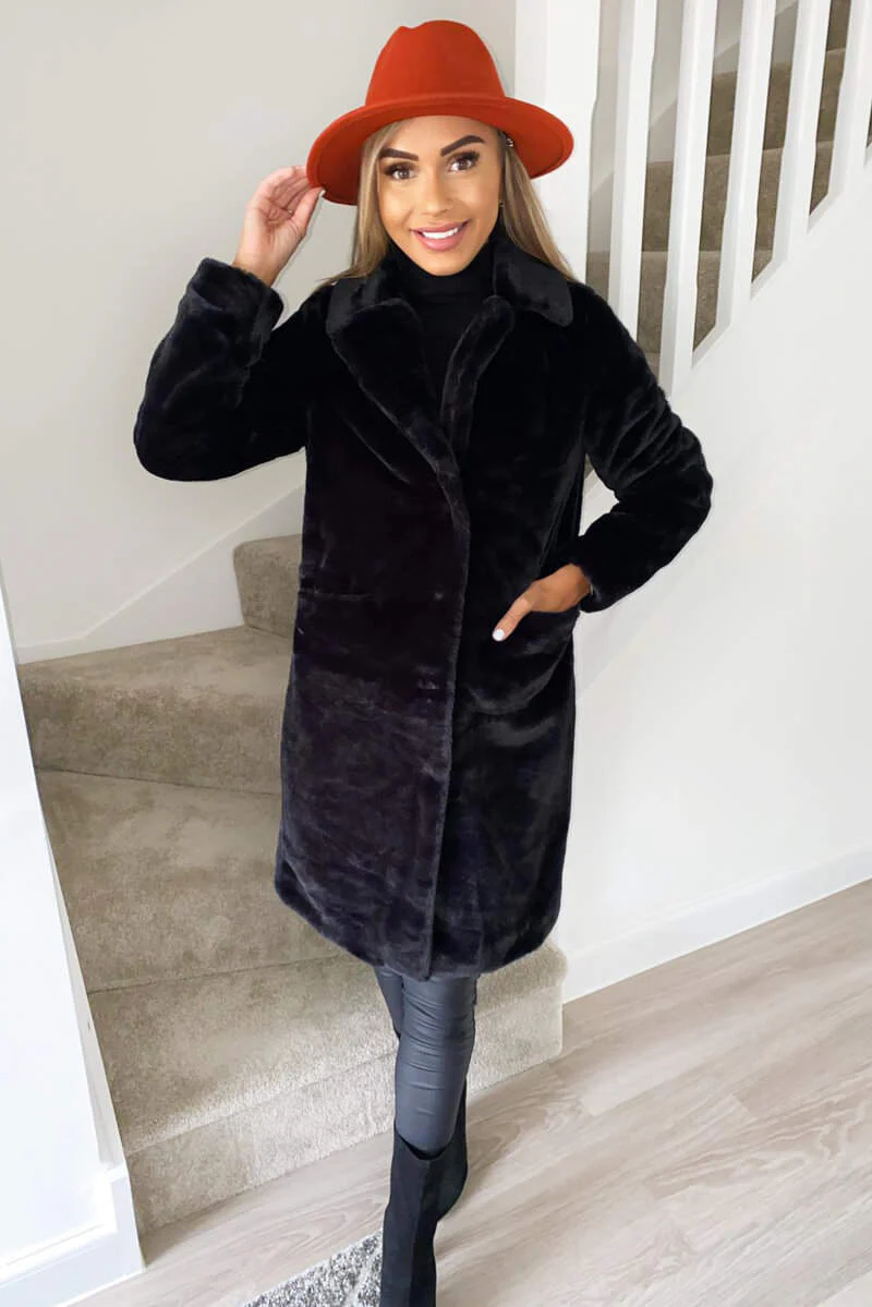 Black Long Faux Fur Coat - Swimclubus