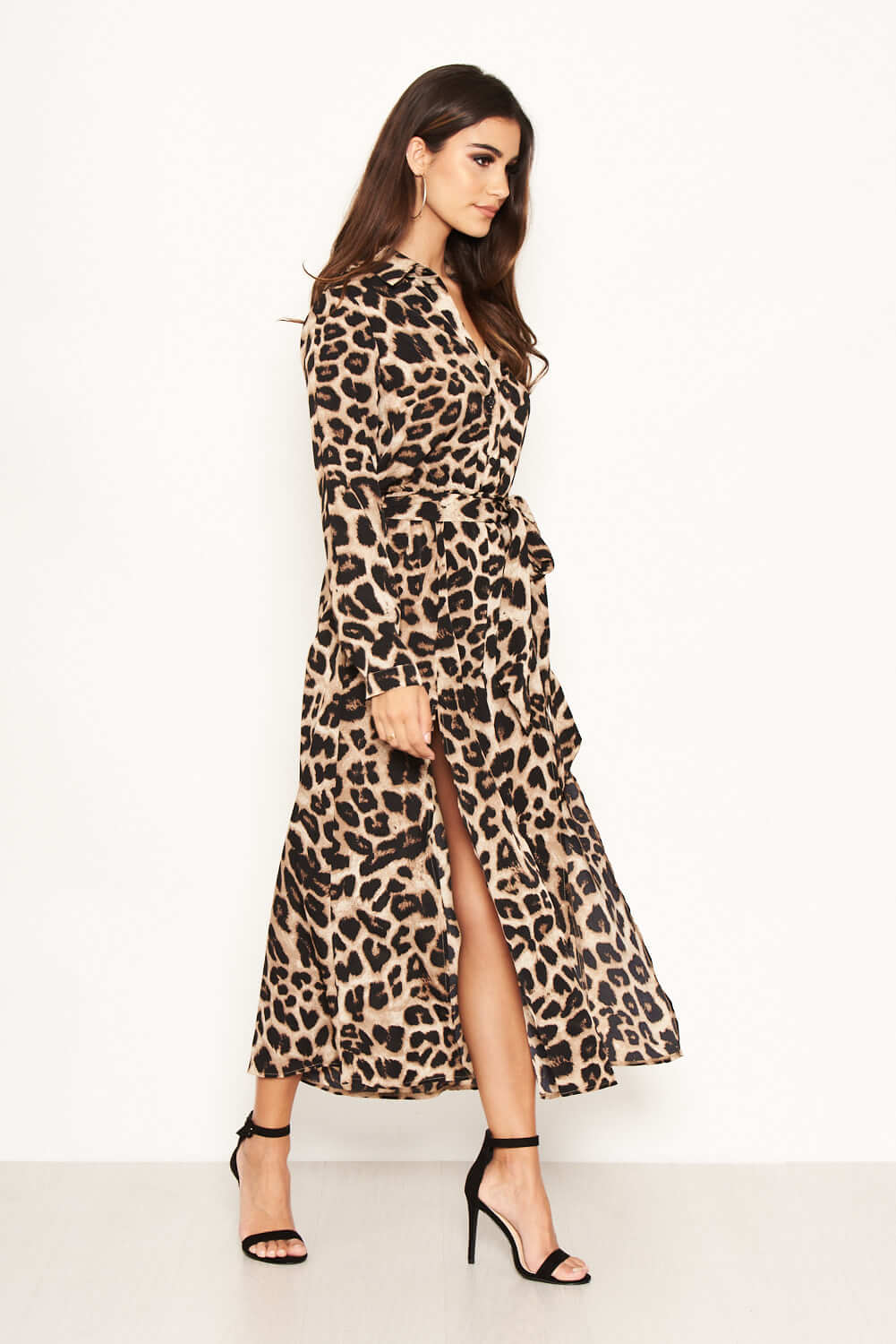 Leopard Print Long Sleeve Shirt Maxi Dress - Swimclubus