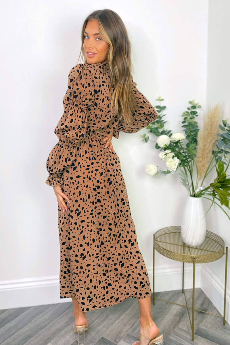 Camel Spot Print Elasticated Sleeve Midi Dress - Swimclubus