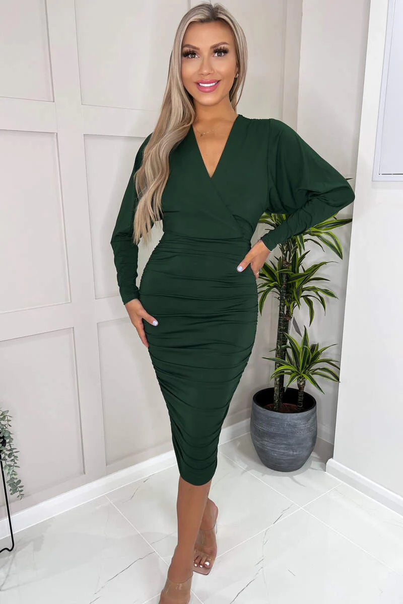 Forest Green Ruched Wrap Top Midi Dress - Swimclubus