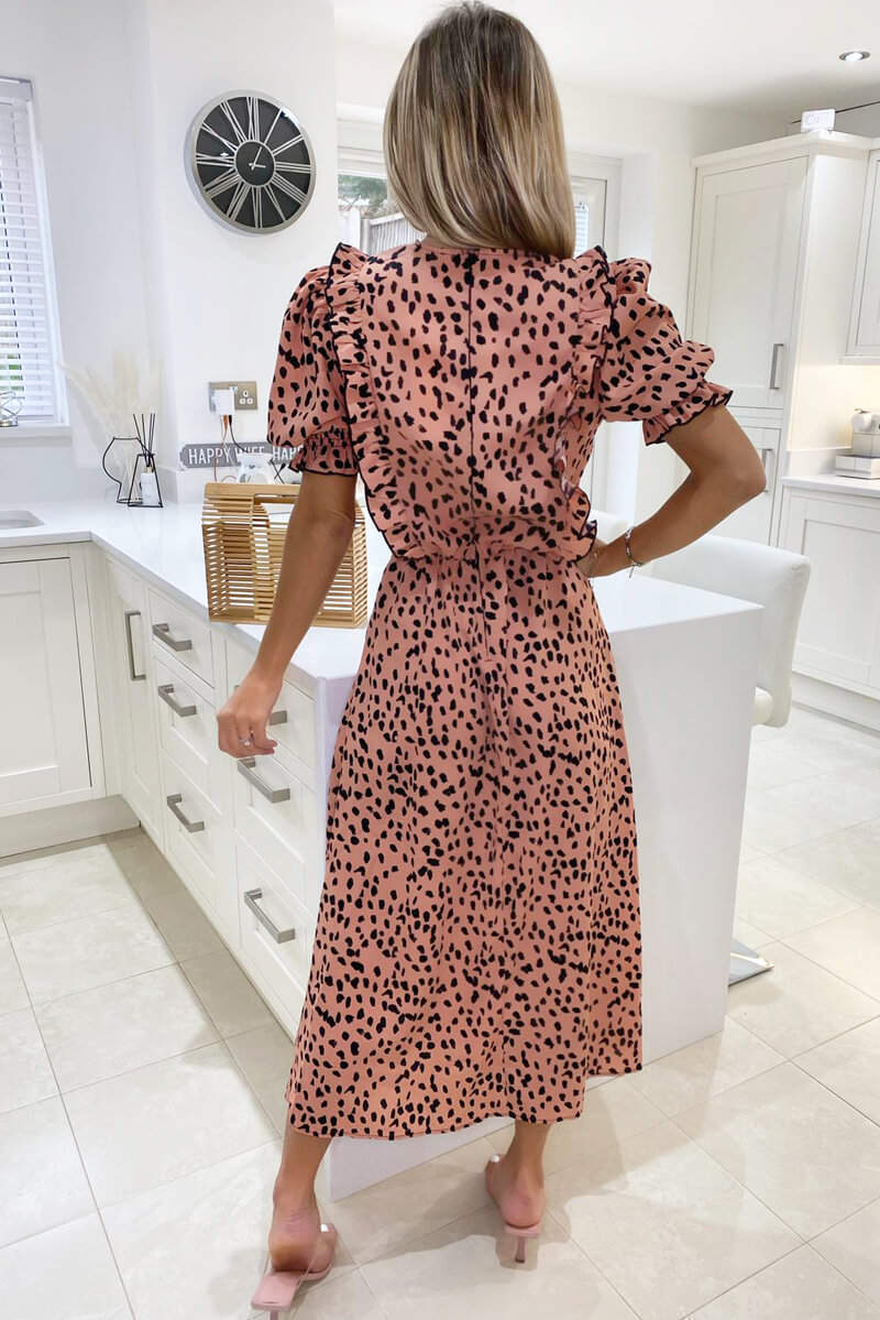 Peach Printed Ruffle Split Leg Midi Dress - Swimclubus