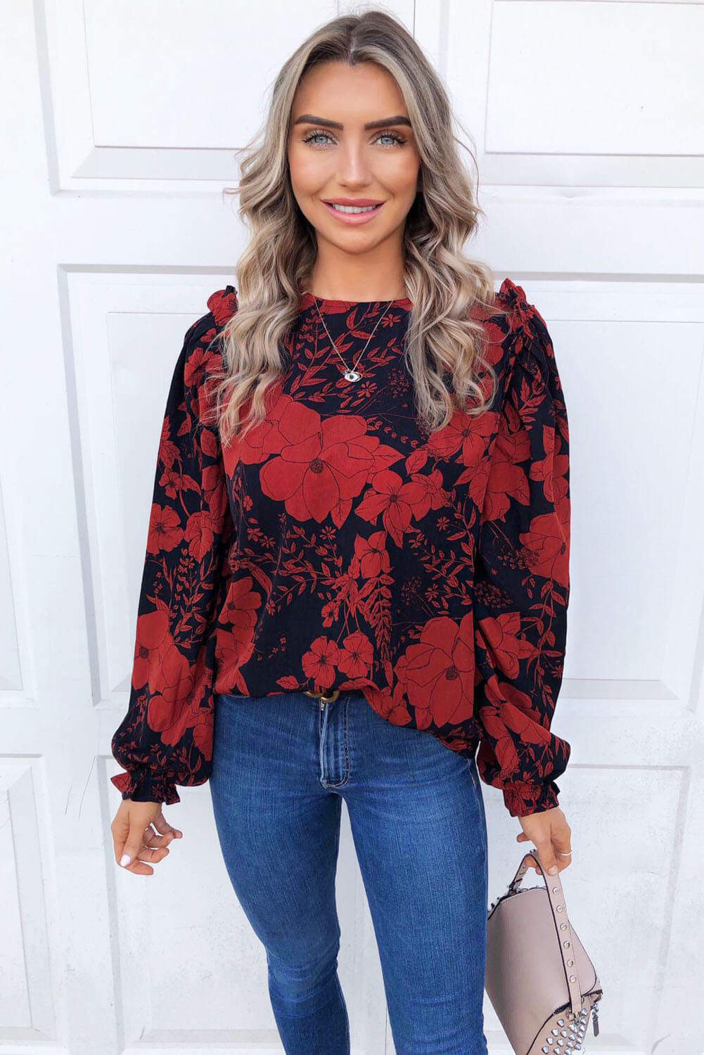 Red Floral Frill Shoulder Blouse - Swimclubus