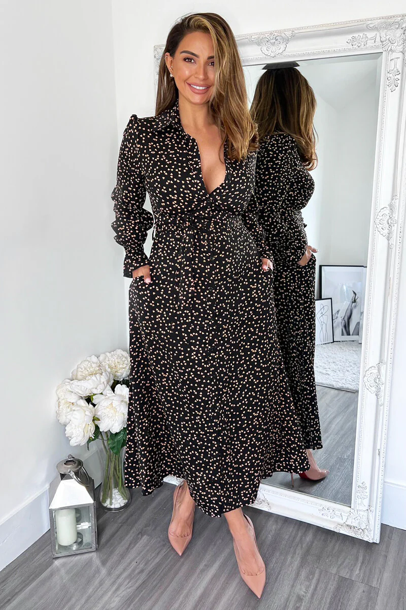 Black Heart Printed Tie Waist Midi Shirt Dress - Swimclubus