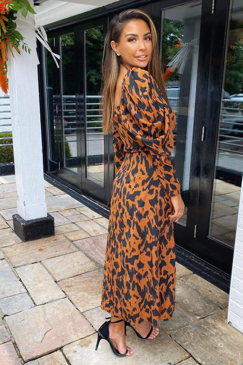 Camel Animal Print Square Neck Midi Dress - Swimclubus