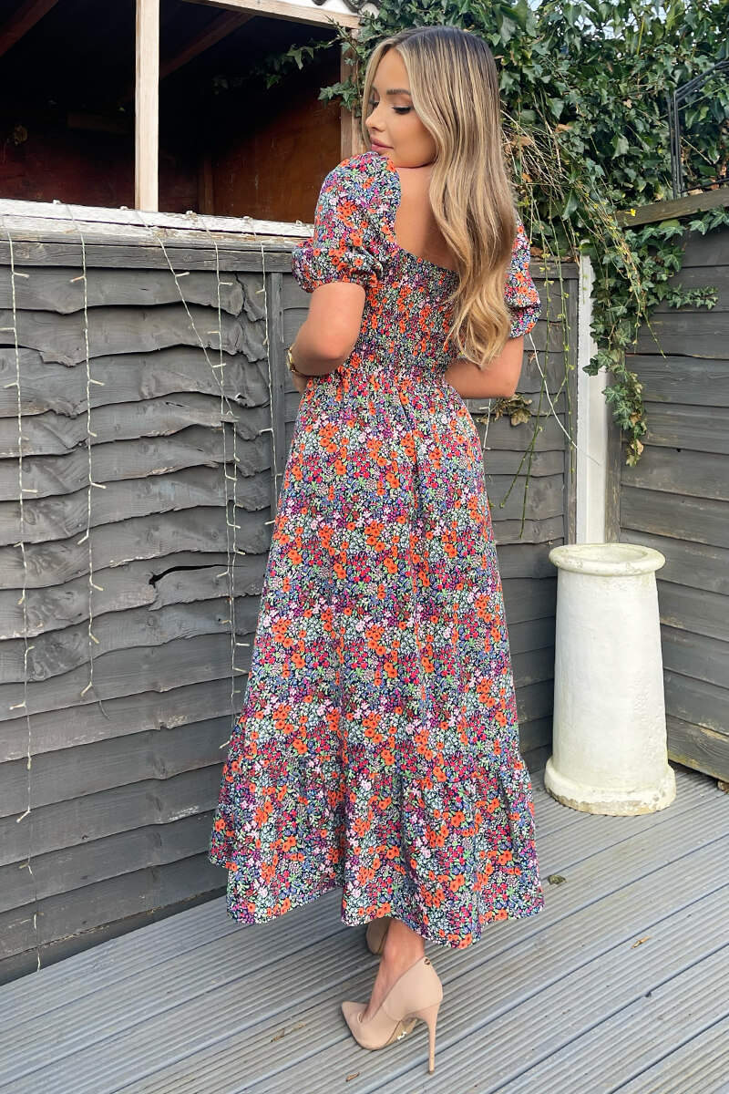 Navy And Orange Floral Printed Puff Sleeve Smock Dress - Swimclubus