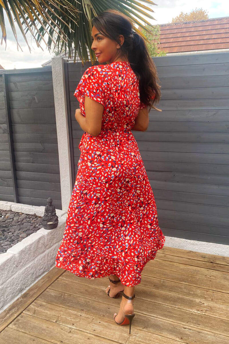 Red Abstract Print Wrap Midi Dress - Swimclubus