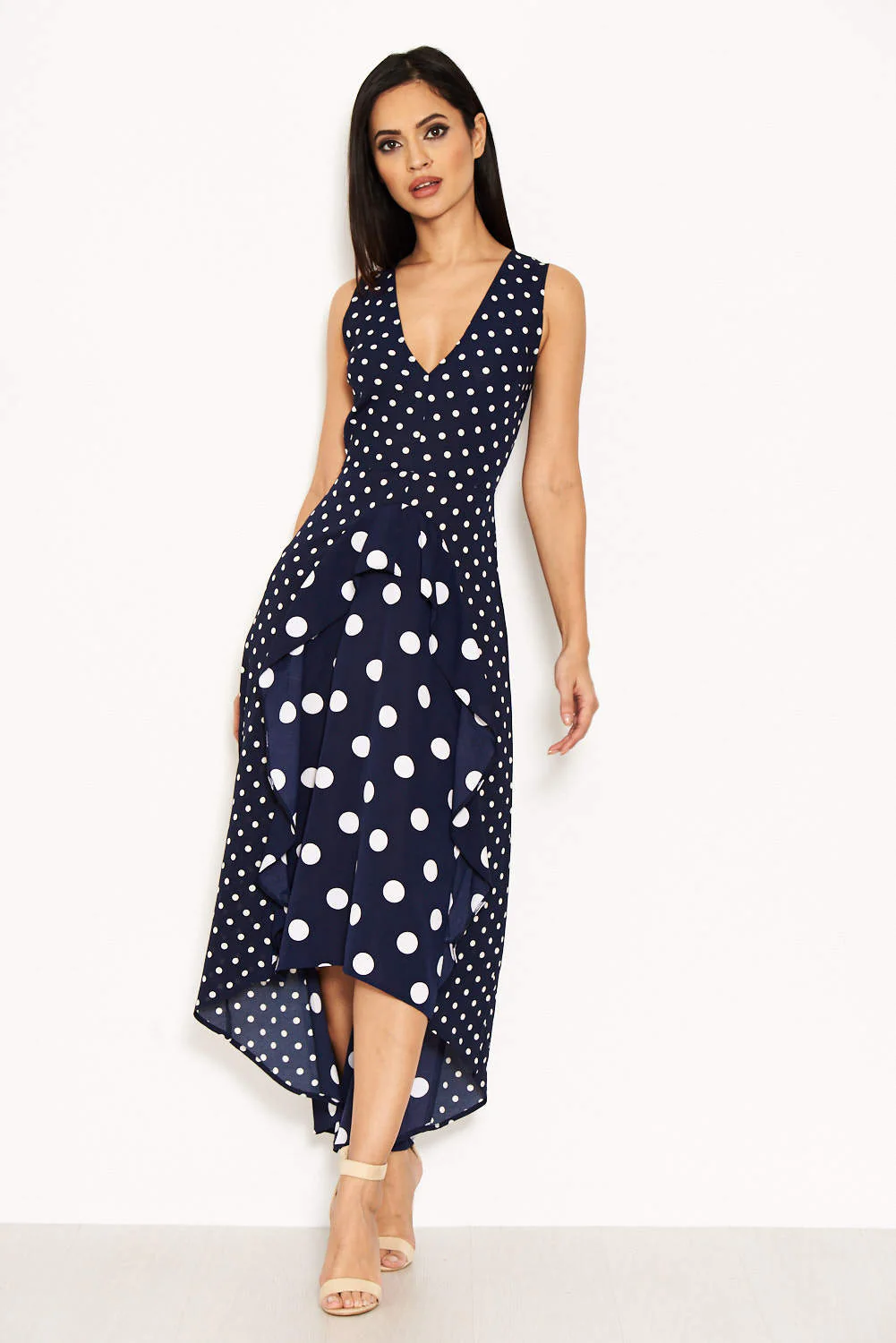 Navy Polka Dot Asymmetric Dress - Swimclubus