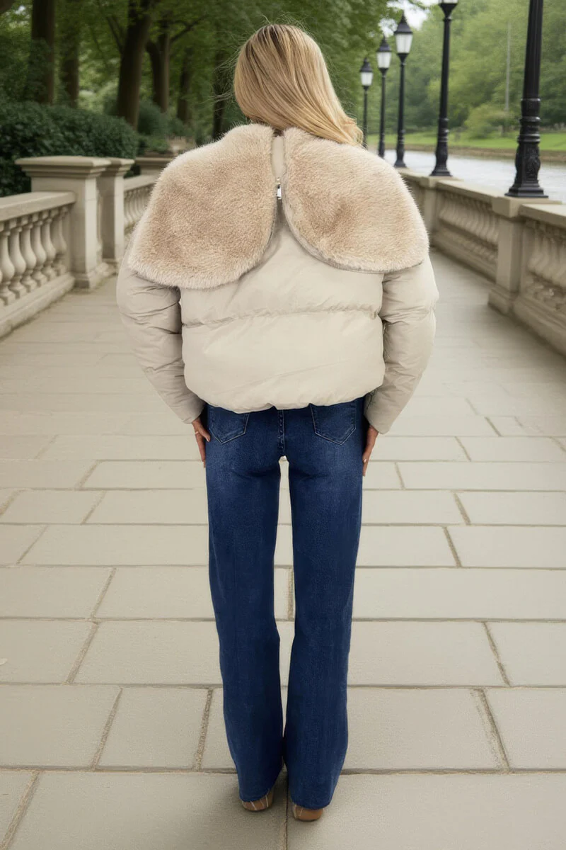 Cream Split Hood Short Puffer Coat - Swimclubus