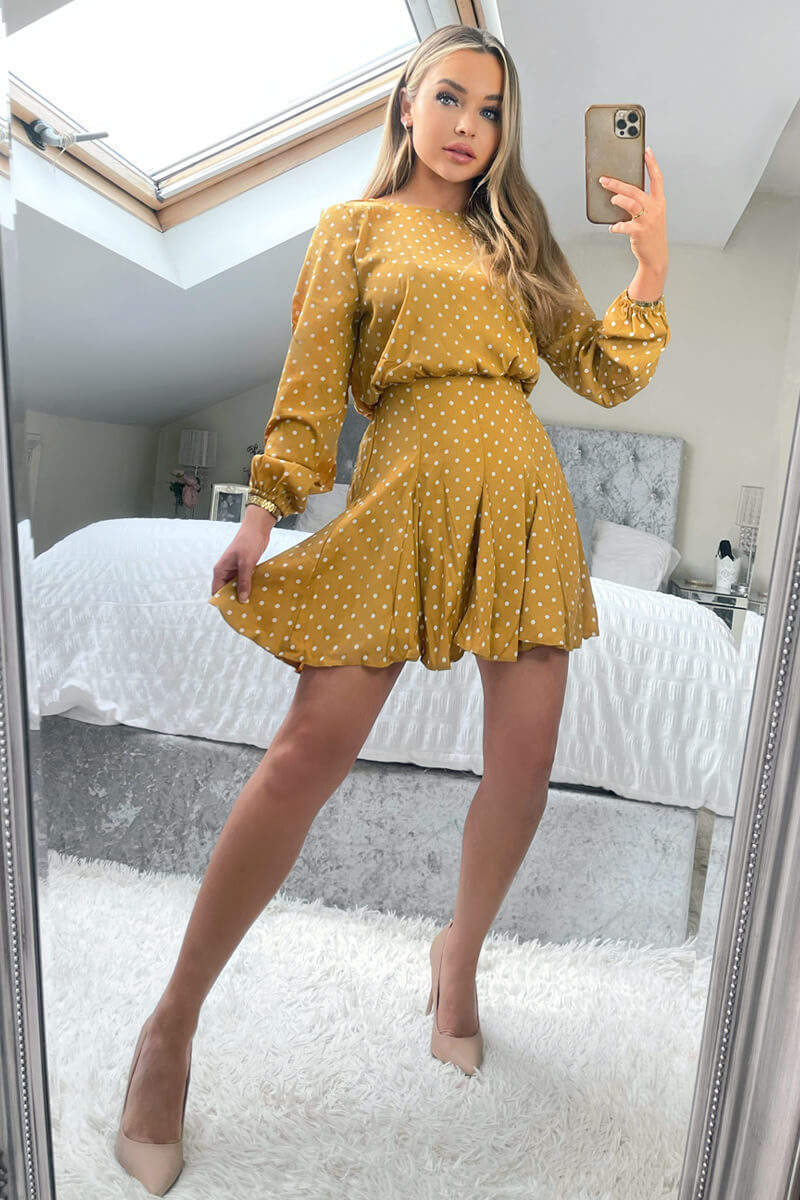 Mustard Polka Dot Long Sleeve Skater Dress - Swimclubus