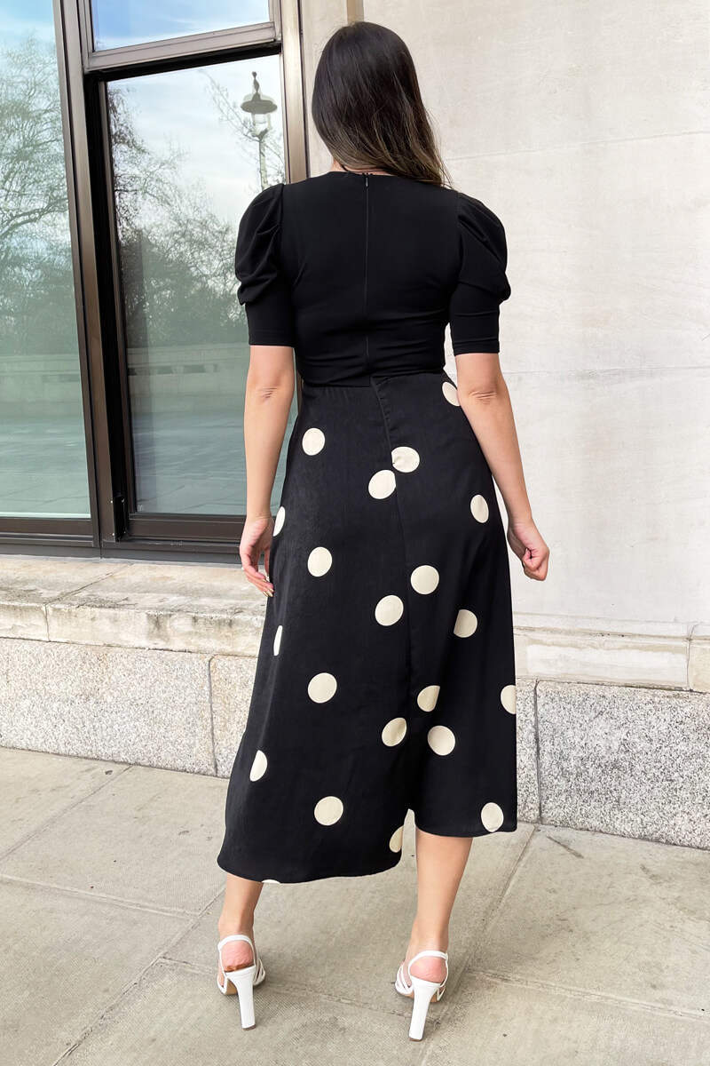 Black And Cream Polka Dot 2 in 1 Wrap Over Midi Dress - Swimclubus