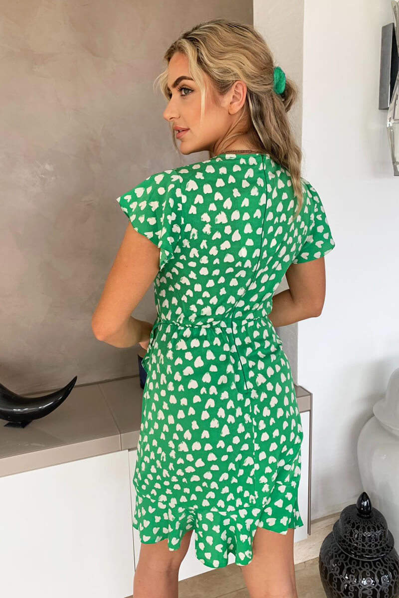 Green Heart Print Wrap Skater Dress - Swimclubus