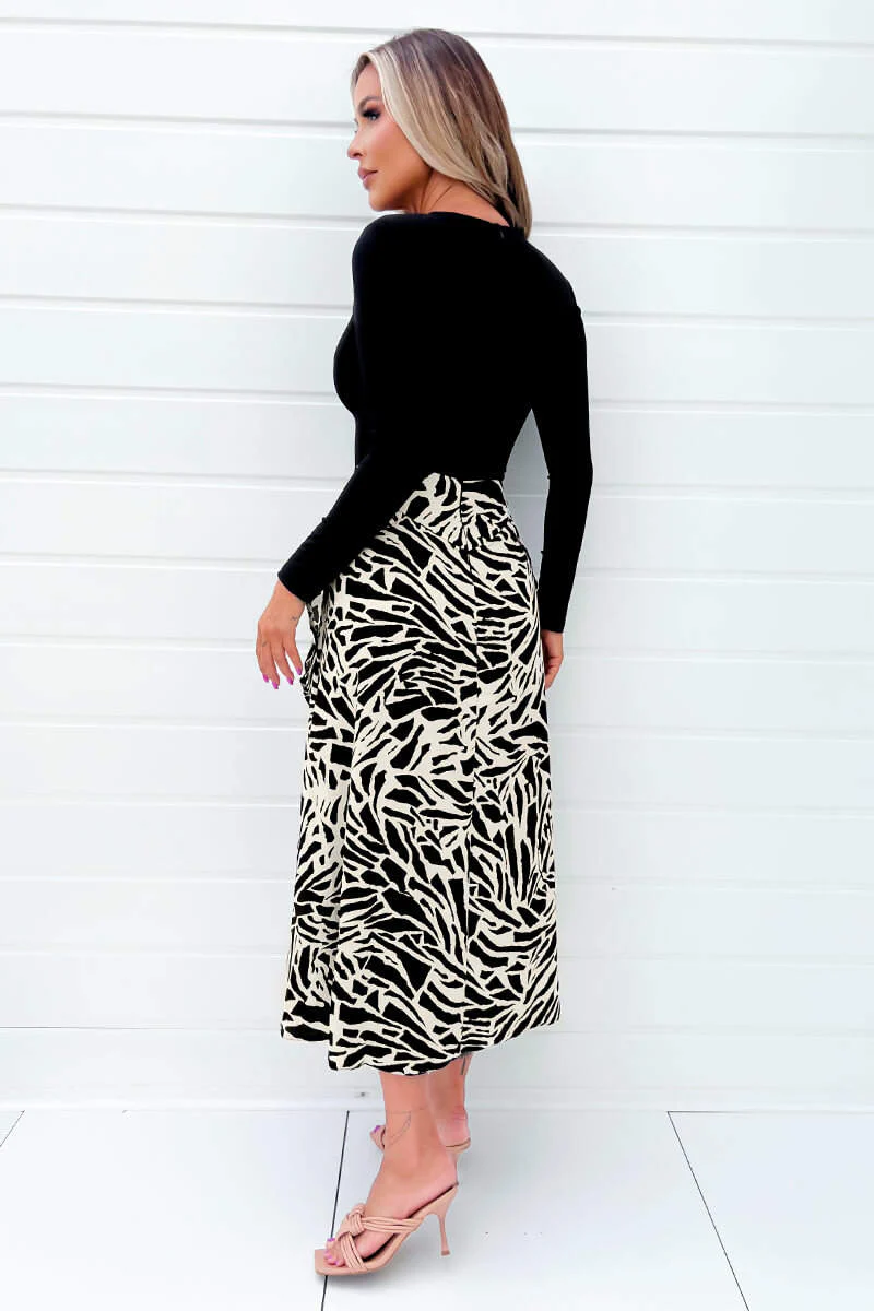 Black And Stone Long Sleeve Double Frill 2 In 1 Midi Dress - Swimclubus