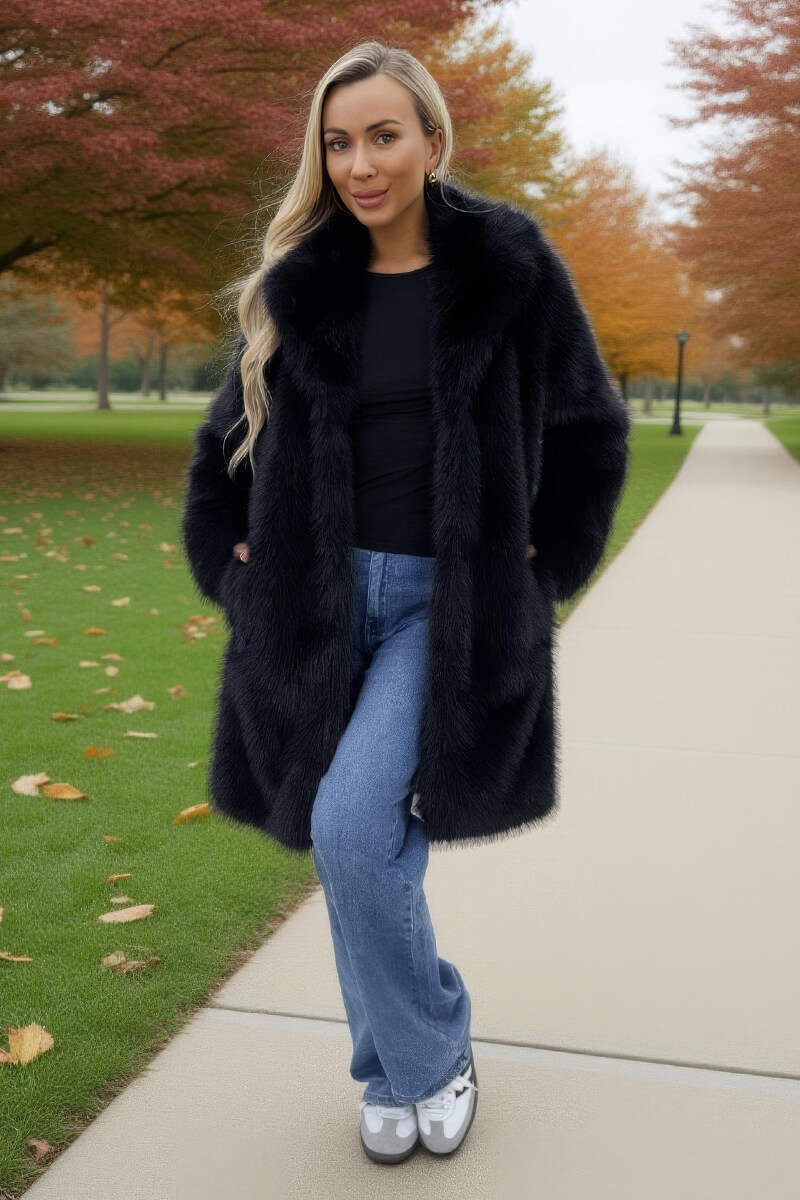 Black Faux Fur Longline Jacket - Swimclubus