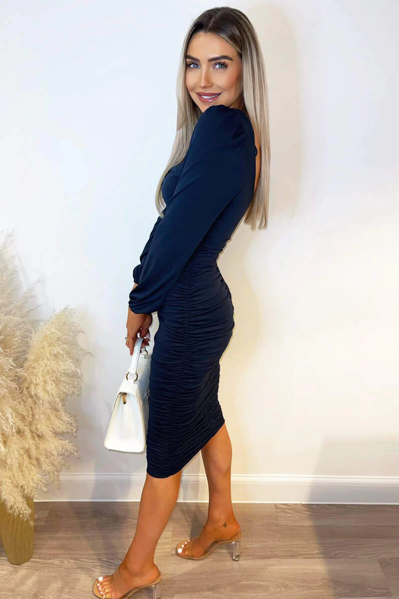 Navy Square Neck Ruched Long Sleeve Midi Dress - Swimclubus