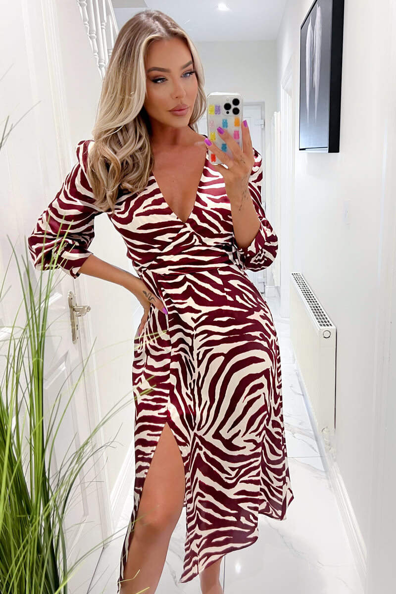 Burgundy Animal Print V Neck Midi Dress With Split - Swimclubus
