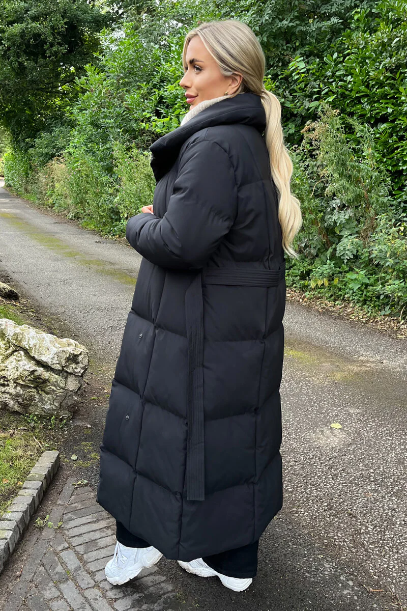Black Tie Waist Quilted Longline Puffer Coat - Swimclubus