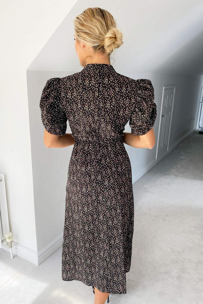Black Ditsy Floral Puff Sleeve Midi Dress - Swimclubus