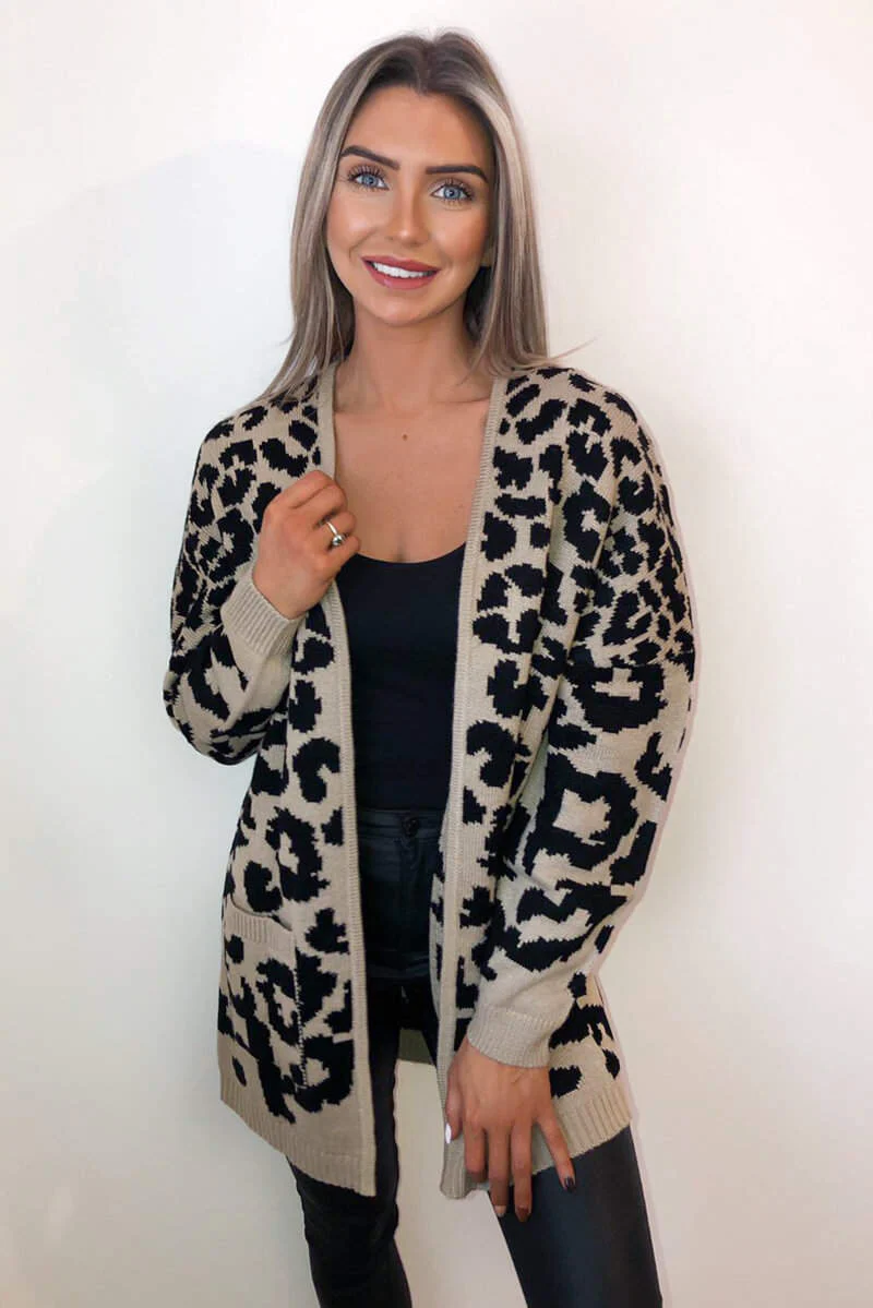 Camel Animal Printed Knitted Cardigan - Swimclubus