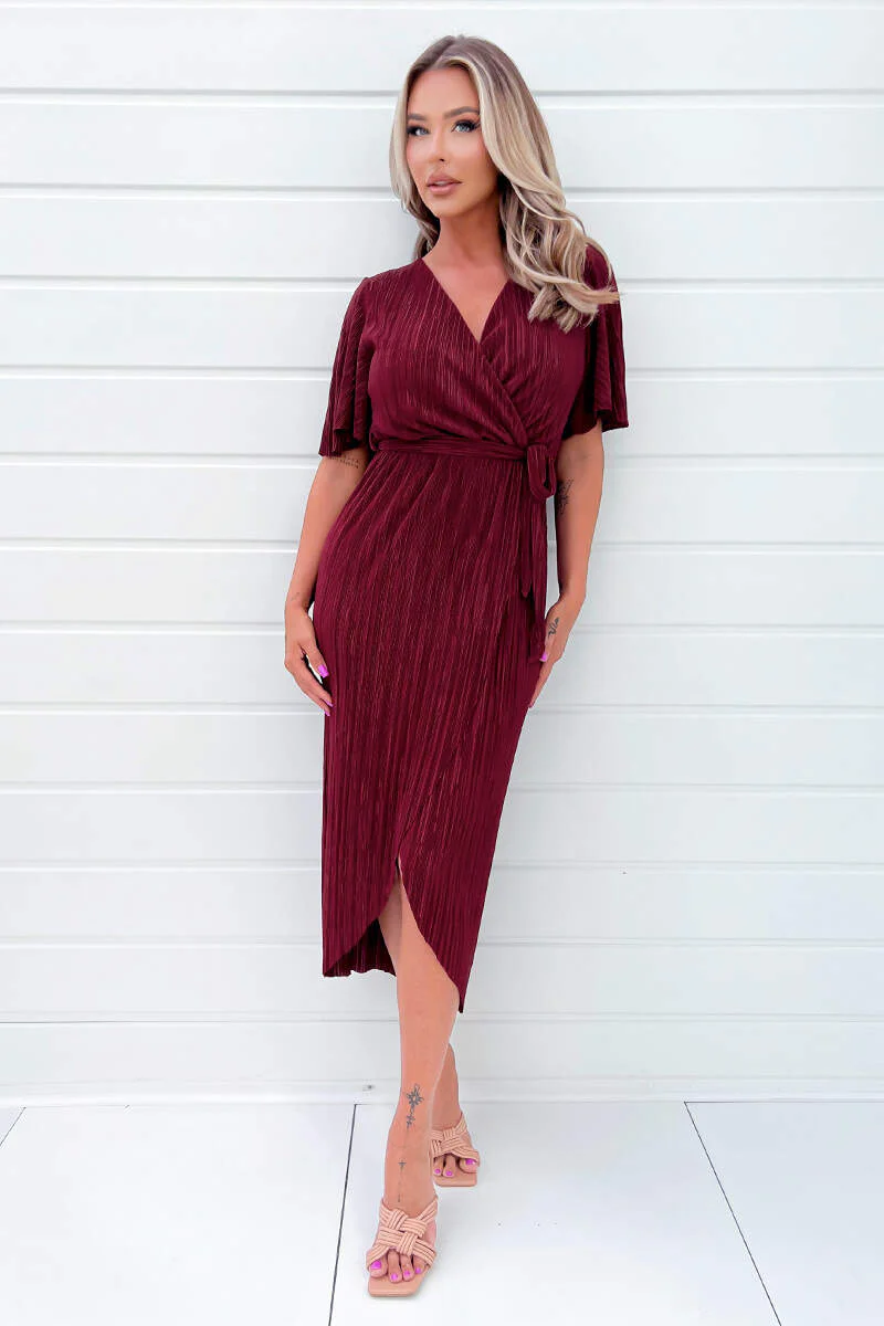 Wine Wrap Top Belted Short Sleeve Plisse Midi Dress - Swimclubus