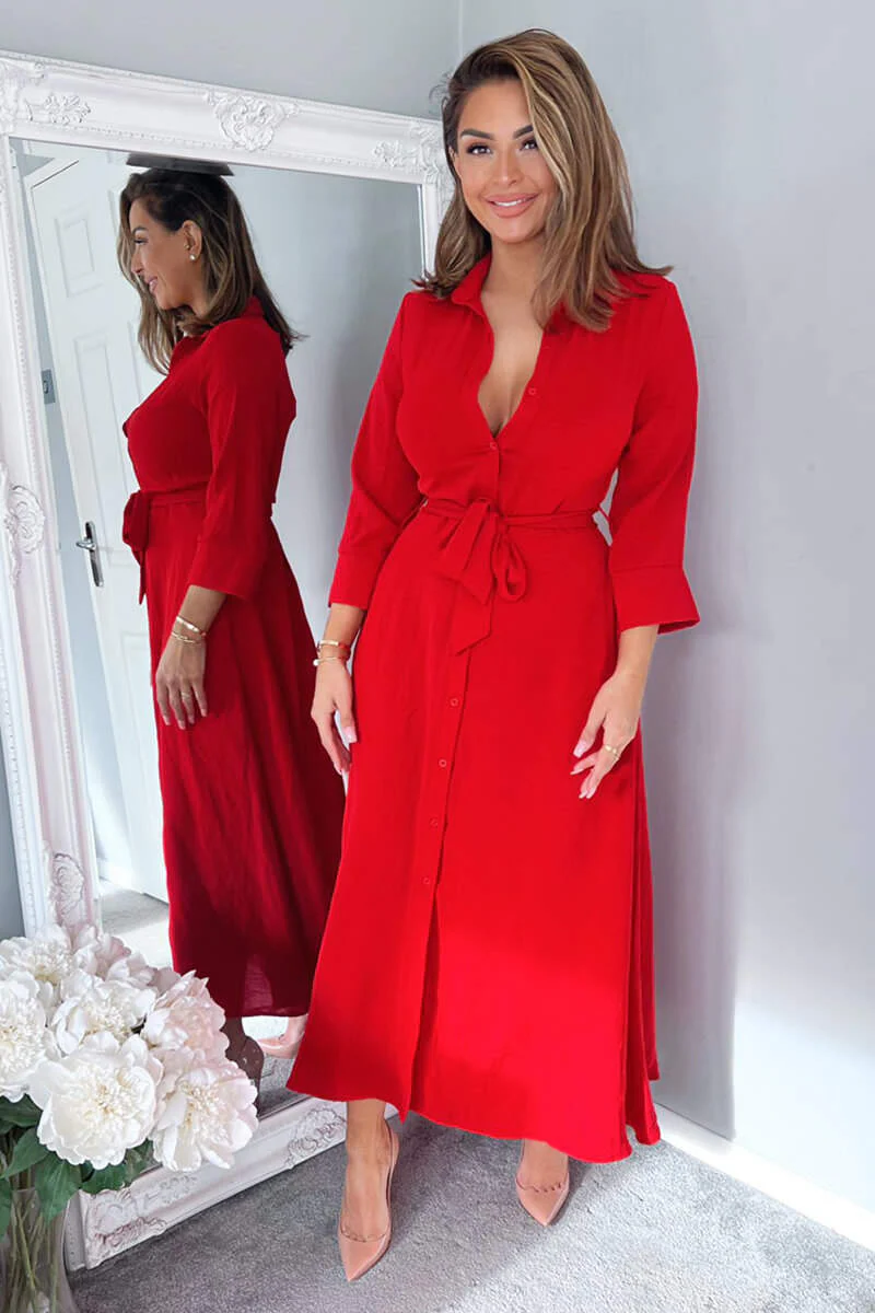 Red Button Up Midi Shirt Dress - Swimclubus