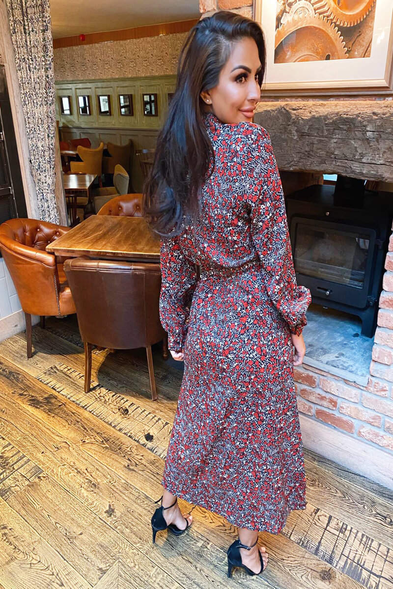 Red Ditsy Floral Button Up Midi Dress - Swimclubus